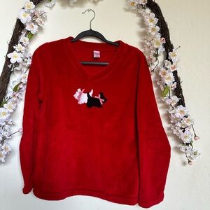 Red Fleece Sweater with Dog Embroidery